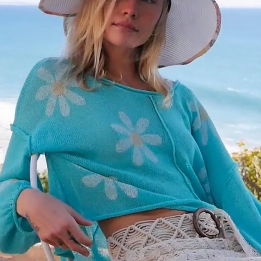 185. POL CLEARANCE Sheer floral flower teal green sheer thin sweater - Picture 4 of 4